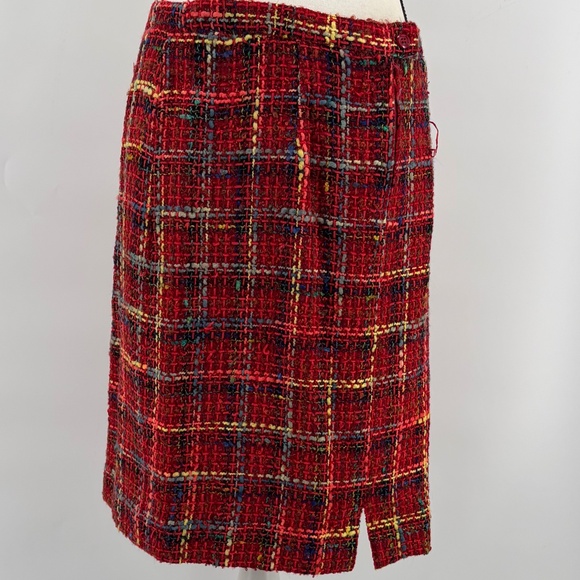 Vintage Women's Skirt Red Boucle Union-Made Wool 10 Plaid Academia Tartan Pencil - Picture 3 of 15